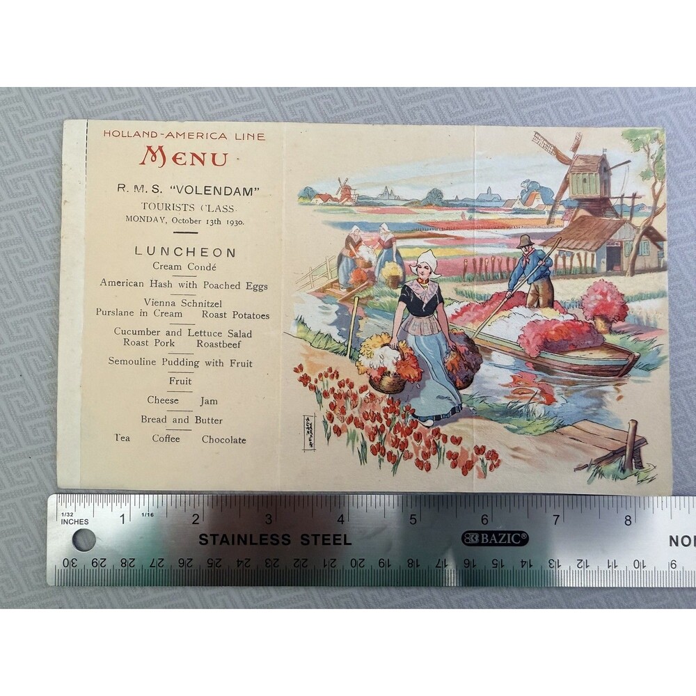 Vintage 1930 Holland-America Line R.M.S. Volendam Luncheon Menu Cruise Ship